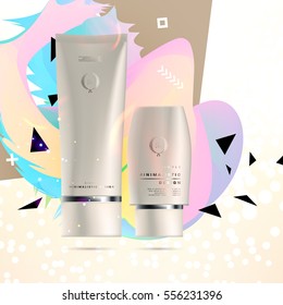 Cosmetic ads with hydrating facial cream mask bottle isolated on glitter particles background with geometric modern elements