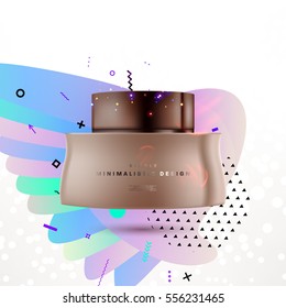 Cosmetic ads with hydrating facial cream mask bottle isolated on glitter particles background with geometric modern elements