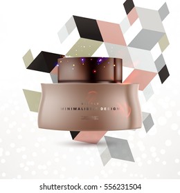 Cosmetic ads with hydrating facial cream mask bottle isolated on glitter particles background with geometric modern elements