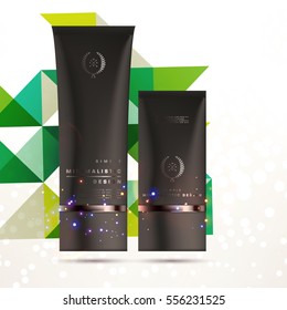 Cosmetic ads with hydrating facial cream mask bottle isolated on glitter particles background with geometric modern elements