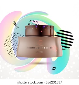 Cosmetic ads with hydrating facial cream mask bottle isolated on glitter particles background with geometric modern elements