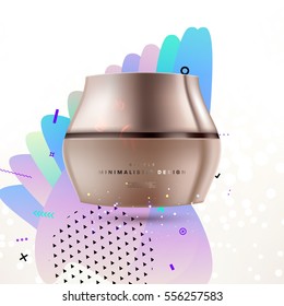 Cosmetic ads with hydrating facial cream mask bottle isolated on glitter particles background with geometric modern elements