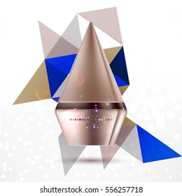 Cosmetic ads with hydrating facial cream mask bottle isolated on glitter particles background with geometric modern elements