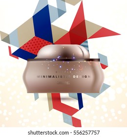 Cosmetic ads with hydrating facial cream mask bottle isolated on glitter particles background with geometric modern elements