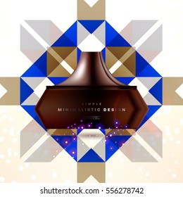 Cosmetic ads with hydrating facial cream mask bottle isolated on glitter particles background with geometric modern elements
