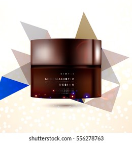 Cosmetic ads with hydrating facial cream mask bottle isolated on glitter particles background with geometric modern elements