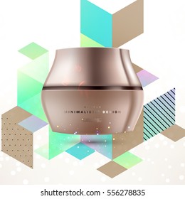 Cosmetic ads with hydrating facial cream mask bottle isolated on glitter particles background with geometric modern elements