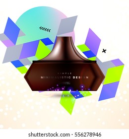 Cosmetic ads with hydrating facial cream mask bottle isolated on glitter particles background with geometric modern elements
