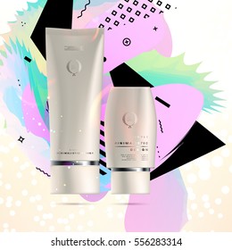 Cosmetic ads with hydrating facial cream mask bottle isolated on glitter particles background with geometric modern elements