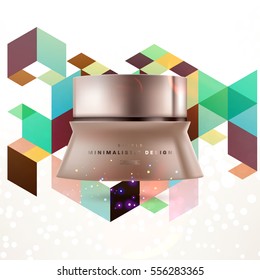 Cosmetic ads with hydrating facial cream mask bottle isolated on glitter particles background with geometric modern elements