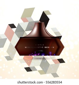 Cosmetic ads with hydrating facial cream mask bottle isolated on glitter particles background with geometric modern elements