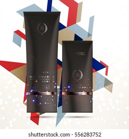 Cosmetic ads with hydrating facial cream mask bottle isolated on glitter particles background with geometric modern elements