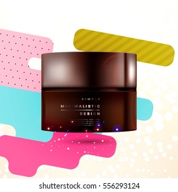 Cosmetic ads with hydrating facial cream mask bottle isolated on glitter particles background with geometric modern elements