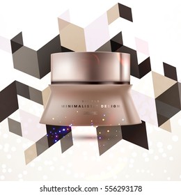 Cosmetic ads with hydrating facial cream mask bottle isolated on glitter particles background with geometric modern elements