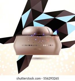 Cosmetic ads with hydrating facial cream mask bottle isolated on glitter particles background with geometric modern elements