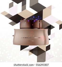 Cosmetic ads with hydrating facial cream mask bottle isolated on glitter particles background with geometric modern elements