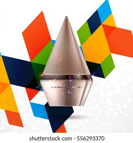 Cosmetic ads with hydrating facial cream mask bottle isolated on glitter particles background with geometric modern elements