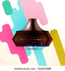 Cosmetic ads with hydrating facial cream mask bottle isolated on glitter particles background with geometric modern elements