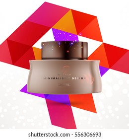 Cosmetic ads with hydrating facial cream mask bottle isolated on glitter particles background with geometric modern elements