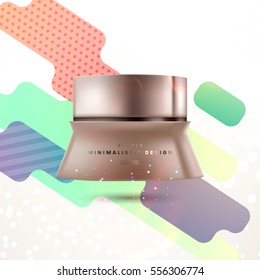 Cosmetic ads with hydrating facial cream mask bottle isolated on glitter particles background with geometric modern elements