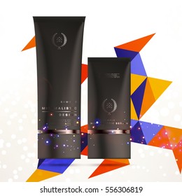 Cosmetic ads with hydrating facial cream mask bottle isolated on glitter particles background with geometric modern elements