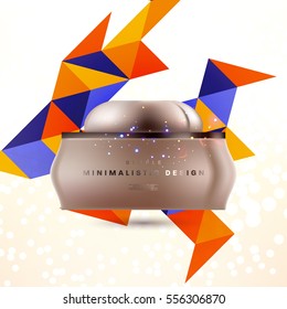 Cosmetic ads with hydrating facial cream mask bottle isolated on glitter particles background with geometric modern elements