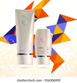 Cosmetic ads with hydrating facial cream mask bottle isolated on glitter particles background with geometric modern elements