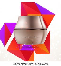 Cosmetic ads with hydrating facial cream mask bottle isolated on glitter particles background with geometric modern elements