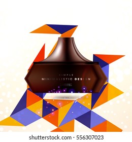 Cosmetic ads with hydrating facial cream mask bottle isolated on glitter particles background with geometric modern elements