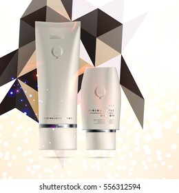 Cosmetic ads with hydrating facial cream mask bottle isolated on glitter particles background with geometric modern elements
