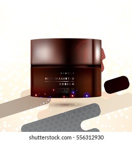 Cosmetic ads with hydrating facial cream mask bottle isolated on glitter particles background with geometric modern elements