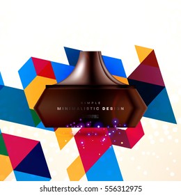 Cosmetic ads with hydrating facial cream mask bottle isolated on glitter particles background with geometric modern elements