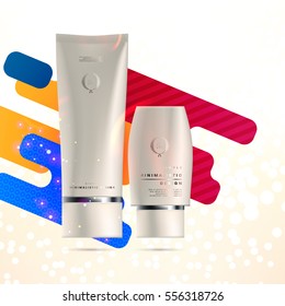 Cosmetic ads with hydrating facial cream mask bottle isolated on glitter particles background with geometric modern elements
