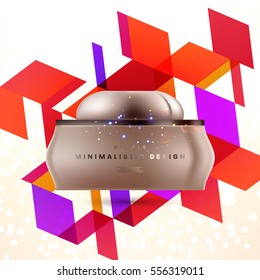 Cosmetic ads with hydrating facial cream mask bottle isolated on glitter particles background with geometric modern elements