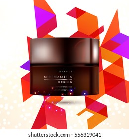 Cosmetic ads with hydrating facial cream mask bottle isolated on glitter particles background with geometric modern elements