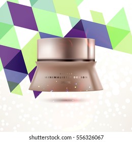 Cosmetic ads with hydrating facial cream mask bottle isolated on glitter particles background with geometric modern elements