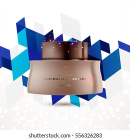 Cosmetic ads with hydrating facial cream mask bottle isolated on glitter particles background with geometric modern elements