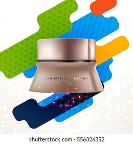 Cosmetic ads with hydrating facial cream mask bottle isolated on glitter particles background with geometric modern elements