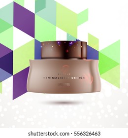 Cosmetic ads with hydrating facial cream mask bottle isolated on glitter particles background with geometric modern elements