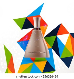 Cosmetic ads with hydrating facial cream mask bottle isolated on glitter particles background with geometric modern elements