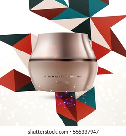 Cosmetic ads with hydrating facial cream mask bottle isolated on glitter particles background with geometric modern elements