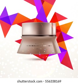 Anúncios cosméticos com frasco de máscara de creme facial hidratante isolado no fundo de partículas de brilho com elementos geométricos modernos