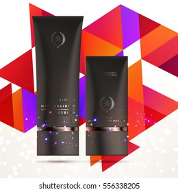 Cosmetic ads with hydrating facial cream mask bottle isolated on glitter particles background with geometric modern elements