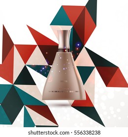 Cosmetic ads with hydrating facial cream mask bottle isolated on glitter particles background with geometric modern elements