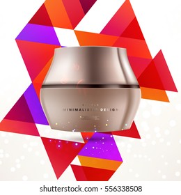 Cosmetic ads with hydrating facial cream mask bottle isolated on glitter particles background with geometric modern elements