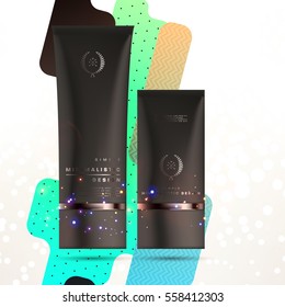Cosmetic ads with hydrating facial cream mask bottle isolated on glitter particles background with geometric modern elements