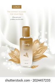 Cosmetic ads moisturizing serum. Light beige silk fabric water  flower  blossom. 3d realistic package mock up poster banner template vector illustration