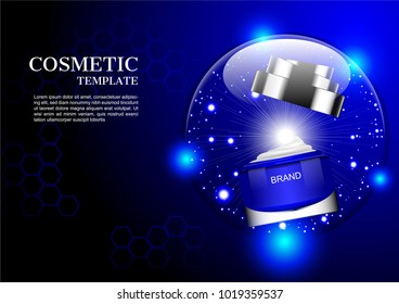 Cosmetic ads, opened cream in shining bubble with glowing lights on blue and faded hive background