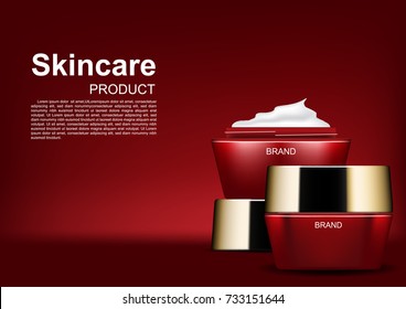 Cosmetic ads, opened moisturizer cream on red background