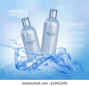 Cosmetic ads poster. Moisturizing cream bottles on the water background with water splash. 3D Realistic vector illustration in blue color.